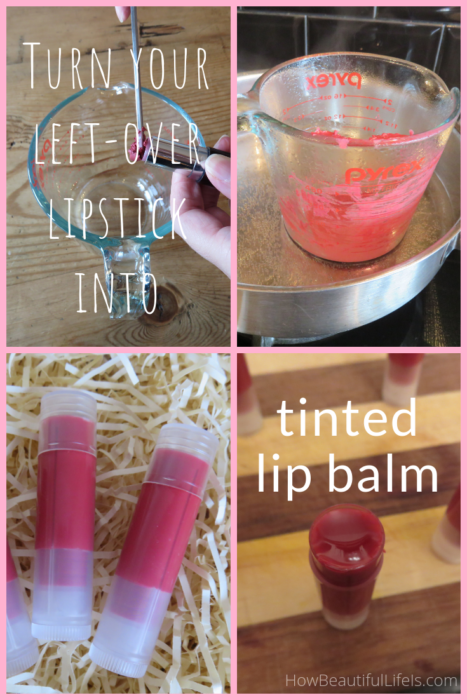 How to turn your left-over lipstick into a tinted lip balm. Tinted lip balm recipe.