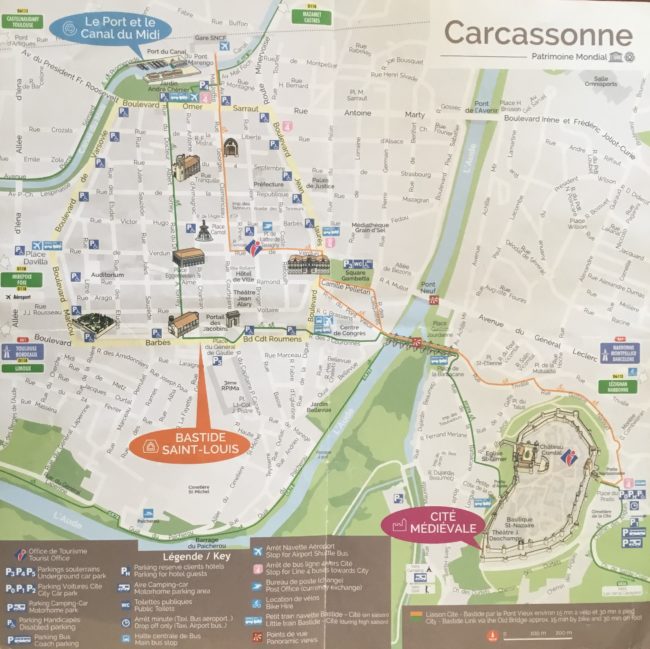 Tourist map of Carcassonne with suggested walking route. Day Trip to Carcassonne Medieval Citadel and Castle #france #francetravel #carcassonne