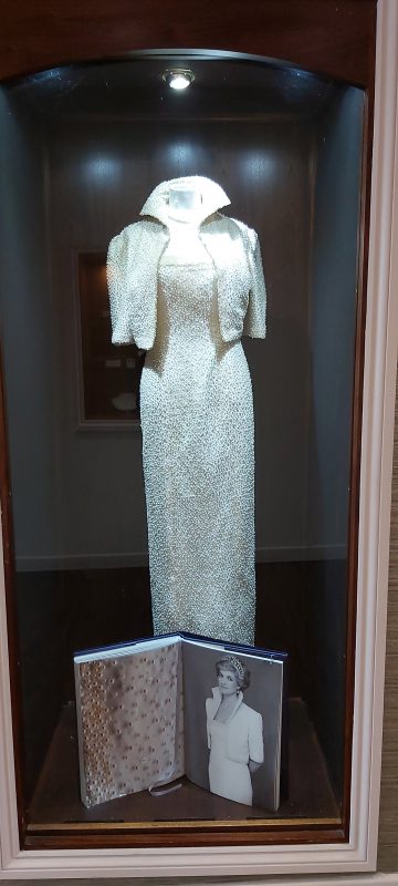 Replica of Princess Diana's famous pearl dress, Isle of Wight Pearl Shop. What to see and do in the Isle of Wight